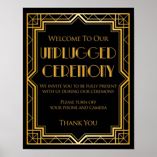 Unplugged Zeremony Wedding Sign | Gatsby Art Deco Poster (Vorne)