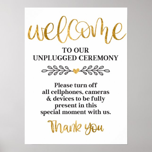 Unplugged Zeremony White Gold Calligraphy Wedding Poster (Vorne)