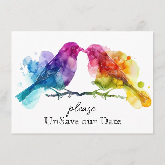 UnSave our date LGBTQ+ Rainbow Lovebirds Begleitkarte (Vorderseite)