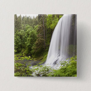 Unscharfe Wasserfall-und Waldansicht in Oregon Button