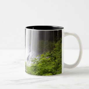Unscharfe Wasserfall-und Waldansicht in Oregon Zweifarbige Tasse