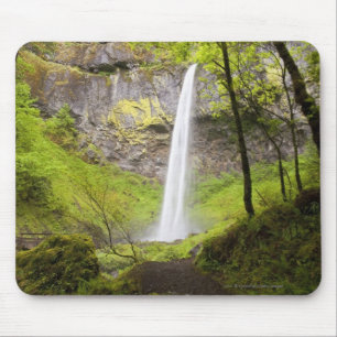 Unscharfer Wasserfall um üppiges Grün in Oregon Mousepad