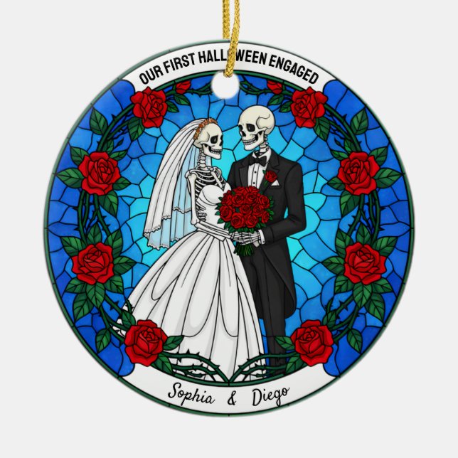 Unser 1. Halloween-Verlobter Glashorn Keramik Ornament (Vorne)