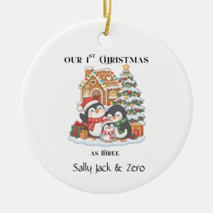 Unser 1. Weihnachten als drei Winterpinguine Szene Keramik Ornament
