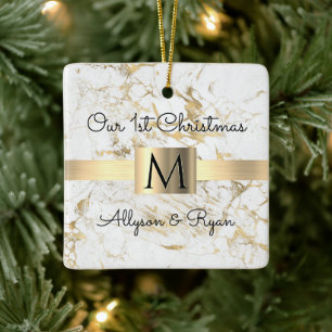 Unser 1. Weihnachten Wh/Gold Marmor Namen Monogram Keramikornament