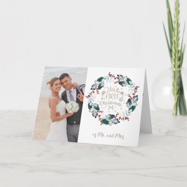 Unser 1. Weihnachtsfest als Mr. und Mrs. Wreath Fo Karte (Vorderseite)