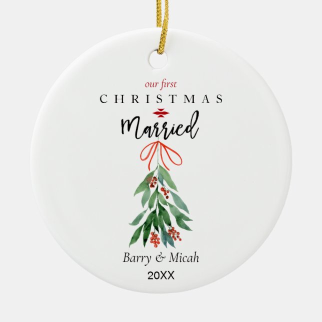 Unser 1. Weihnachtsfest Verheiratet Mistletoe Keramik Ornament (Vorne)