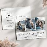 Unser Abenteuer beginnt | Drei Fotos Save the Date Ankündigungspostkarte<br><div class="desc">Eine rustikale, Save the Date Foto Postkarte für das Outdoorsy- und Abenteuerparadies, entworfen, um drei Ihrer Lieblings-Verlobung-Fotos nebeneinander unterbringen zu können. "Unser Abenteuer beginnt" erscheint in schwarz am unteren Ende, mit Ihren Namen, Hochzeitstermin und Hochzeitsort unten. Fügen Sie dem Rücken weitere Details hinzu, einschließlich Ihrer Hochzeitswebsite und ein Hinweis darauf,...</div>