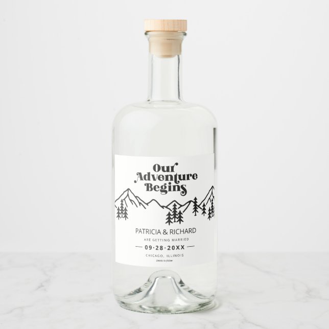 Unser Abenteuer beginnt im Freien Hochzeit retten  Alkoholflaschenetikett (Vorderseite)
