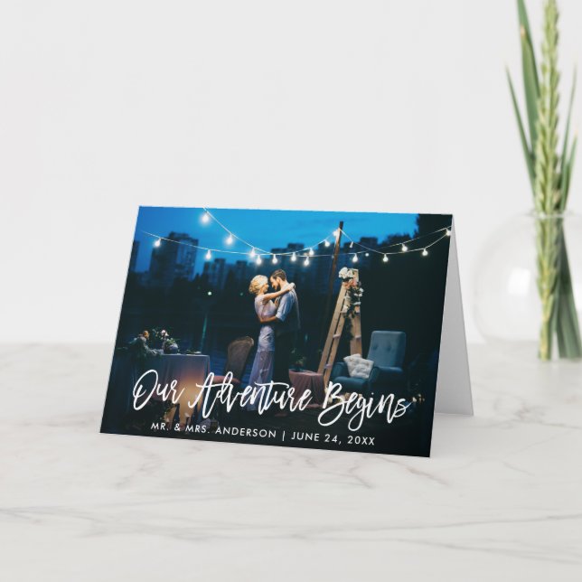 Unser Abenteuer beginnt mit der Pinselschrift Hoch Dankeskarte (Vorderseite)