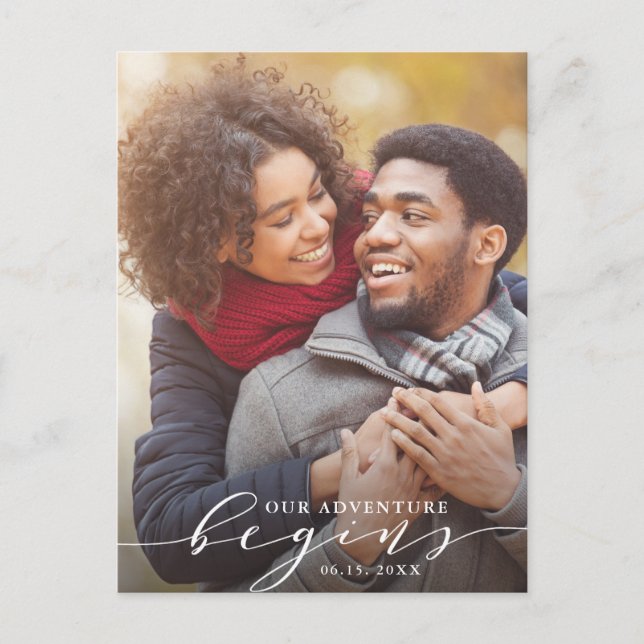 Unser Abenteuer beginnt | Save the Date Foto Ankündigungspostkarte (Vorderseite)