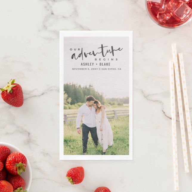 Unser Abenteuer beginnt Skript-Foto Save the Date Serviette (Beispiel)