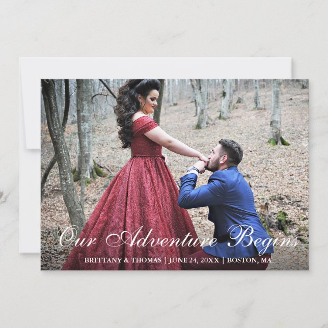 Unser Abenteuer beginnt Verlobung Paar Foto Ankündigung (Vorderseite)