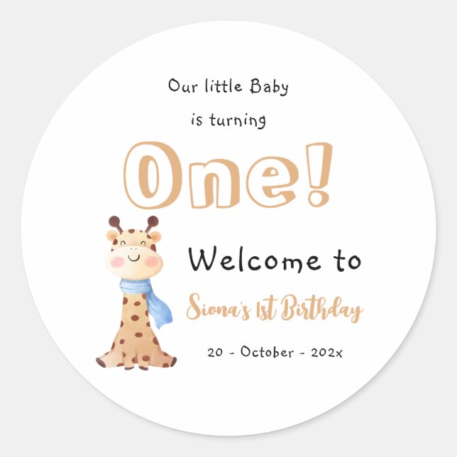 Unser Baby macht einen Niedlichen Giraffe 1. Gebur Runder Aufkleber (Vorderseite)