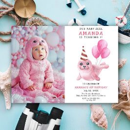 Unser Baby Siegel 1. Geburtstag Pink Girl Party Einladung