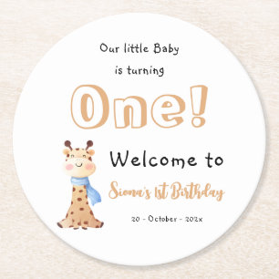 Unser Baby wird ein süßer Giraffe 1. Geburtstag Runder Pappuntersetzer