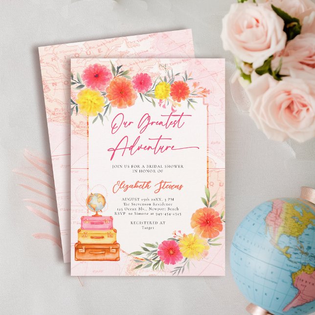 Unser Bestes Abenteuer Zinnia Bright Floral Bridal Einladung (travel bridal shower invitation floral watercolor world map suitcase hot pink orange yellow tropical)
