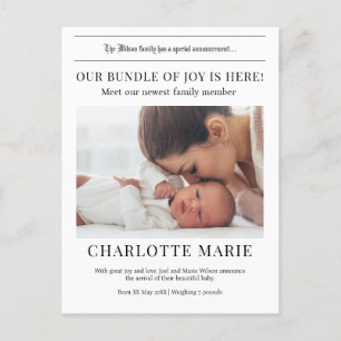 Unser "Bundle of Joy" ist hier, die Geburtsankündi Postkarte