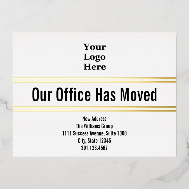 Unser Büro hat Schwarz-weißes Gold für Ihr Logo en Folie Einladungspostkarte (Vorderseite)