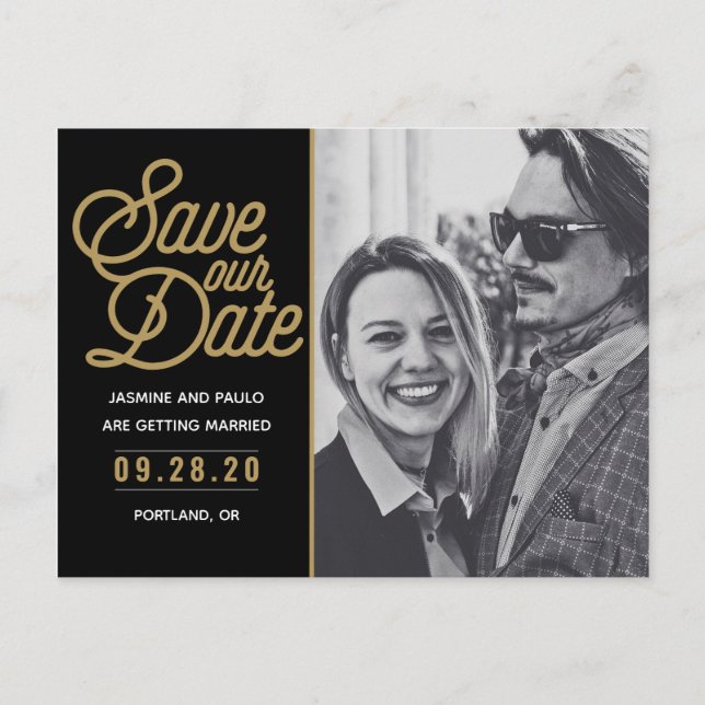 Unser Date Modern Script Wedding Foto gerettet Postkarte (Vorderseite)