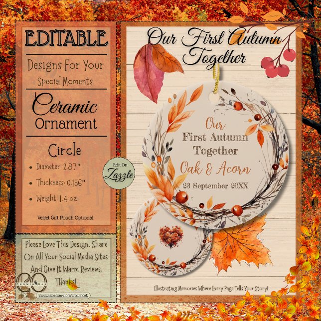 Unser erster Herbst zusammen: Name & Datum fallen Keramik Ornament (Our First Autumn Together: Name and Date Fall Wreath Circle Ceramic Ornament)