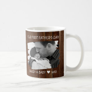 Unser erster Vatertag Vater Baby Foto Dark Wood Kaffeetasse