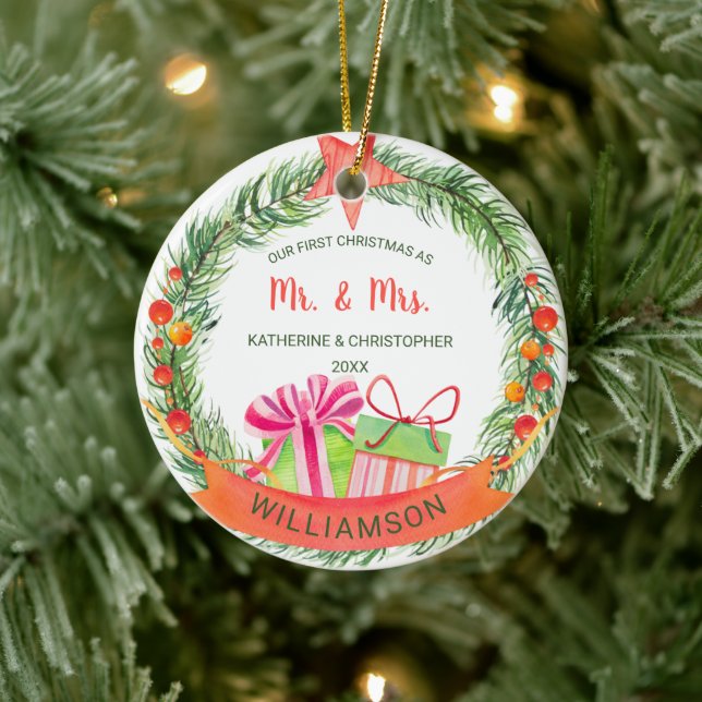 Unser Erster Weihnachtsmann & Mrs. | Hübscher Kran Keramik Ornament (Baum)