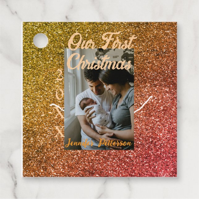 Unser erstes Foto in Orange-Glitzer Geschenkanhänger (Vorderseite)