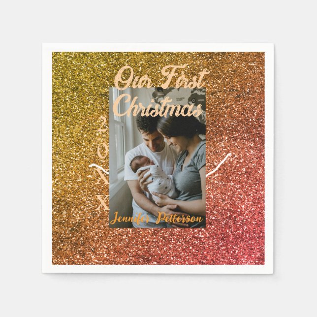 Unser erstes Foto in Orange-Glitzer Serviette (Vorderseite)