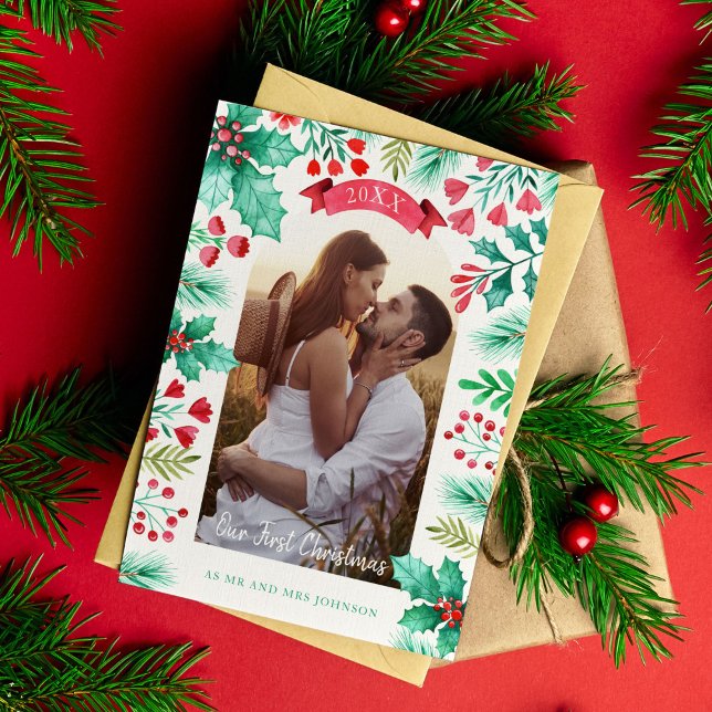 Unser erstes Verheiratetes Foto zu Weihnachten (Our First Christmas Married Watercolor Foliage Holiday Card)