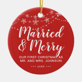 Unser erstes Verheiratetes und fröhliches Foto Rot Keramik Ornament