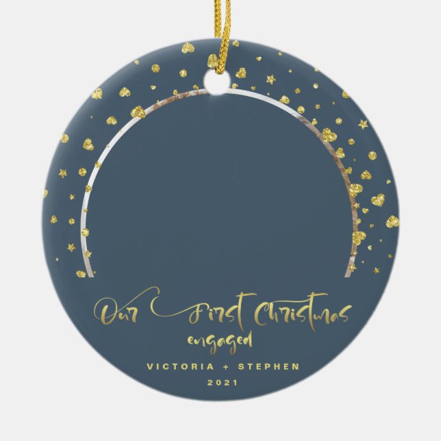 Unser erstes Verlobtes Foto Gold Confetti Keramik Ornament (Vorne)