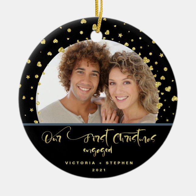 Unser erstes Verlobtes Foto Gold Confetti Keramik Ornament (Vorne)
