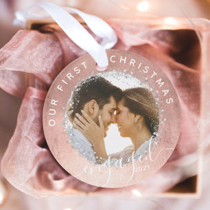 Unser erstes Verlobtes Script Rose Gold Foto Ornament