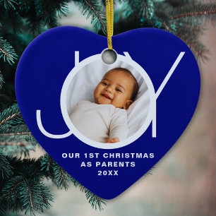 Unser erstes Weihnachten als Eltern Foto Dunkelbla Keramik Ornament