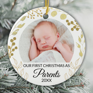 Unser erstes Weihnachten als Eltern Foto Gold Laub Keramik Ornament