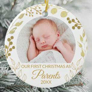 Unser erstes Weihnachten als Eltern Gold Folie Fot Keramik Ornament