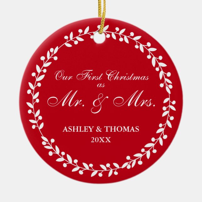 Unser erstes Weihnachten als Herr und Frau rundes Keramikornament (Vorne)