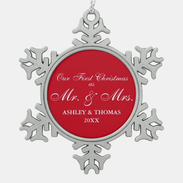 Unser erstes Weihnachten als Herr und Frau Schneeflocken Zinn-Ornament (Vorderseite)
