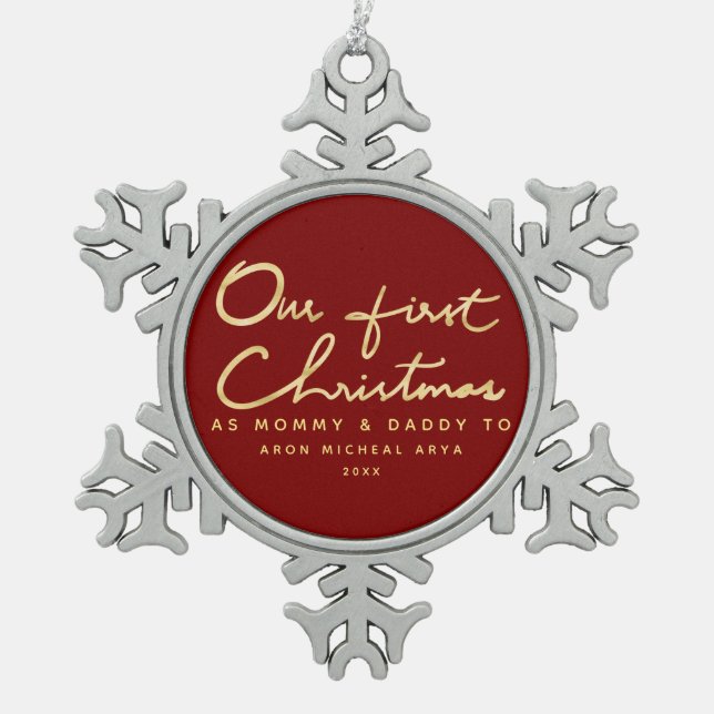 Unser erstes Weihnachten als Mama-und Schneeflocken Zinn-Ornament (Vorderseite)