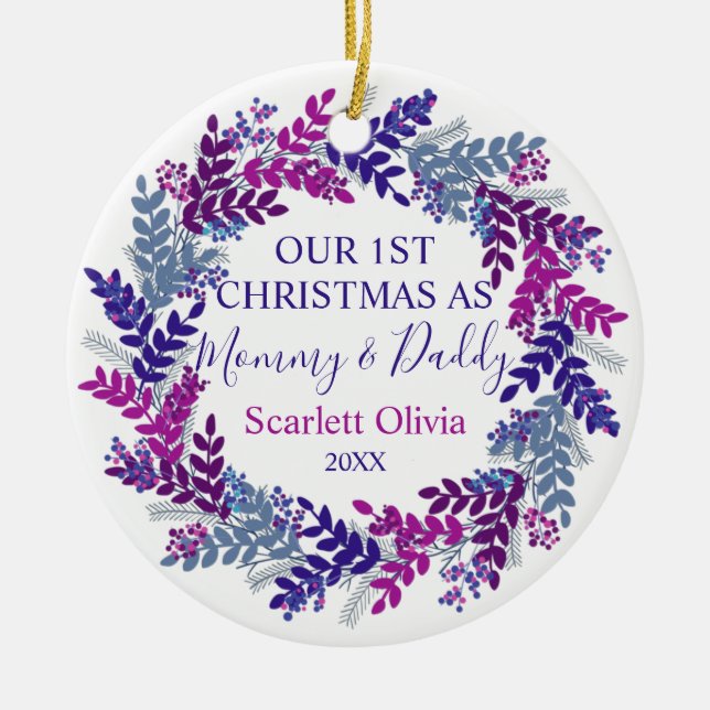 Unser erstes Weihnachten als Mommy Daddy Baby Wrea Keramik Ornament (Vorne)