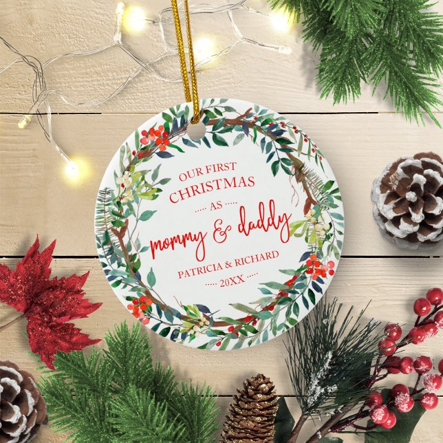 Unser erstes Weihnachten als Mommy & Daddy Rustic  Keramik Ornament (Von Creator hochgeladen)