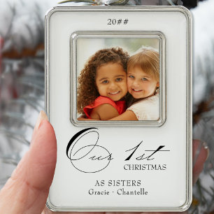Unser erstes Weihnachten Kalligrafie Foto und Name Rahmen-Ornament Silber