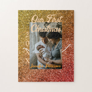 Unser erstes Weihnachten orange roter Glitter-Foto Puzzle