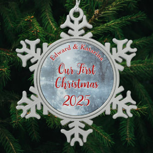 Unser erstes Weihnachten Rustikales Wald-Weihnacht Schneeflocken Zinn-Ornament