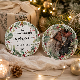 Unser erstes Weihnachten Verlobungsfoto Paar Kranz Keramik Ornament