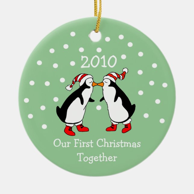 Unser erstes Weihnachten zusammen 2010 (Pinguine) Keramik Ornament (Vorne)