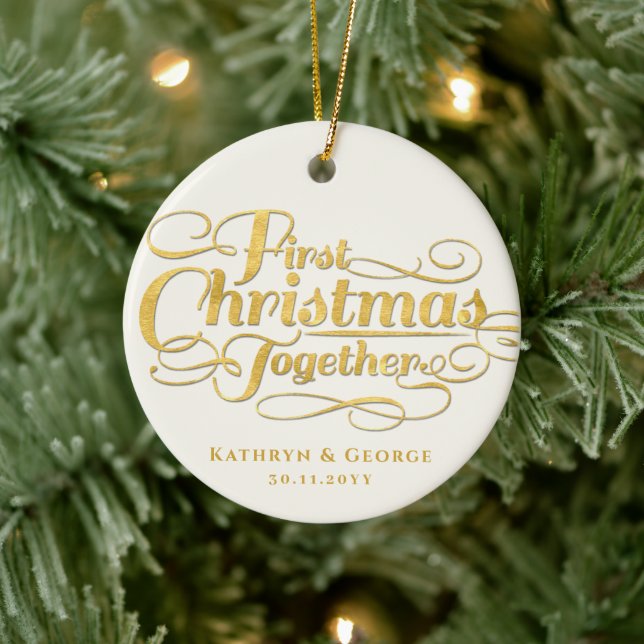 Unser erstes Weihnachten zusammen Goldenes Script- Keramik Ornament (Baum)