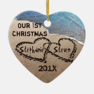 Unser erstes Weihnachten zwei Herzen in der Keramikornament