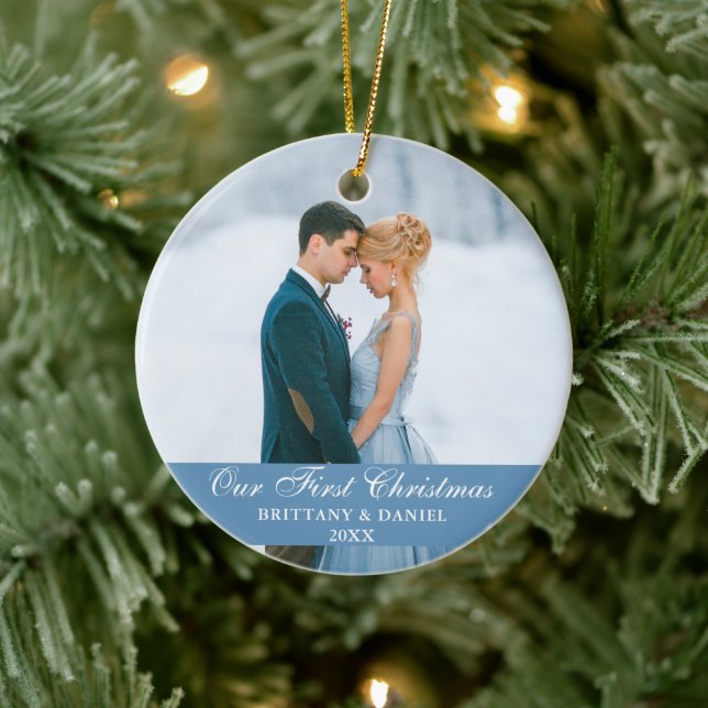 Unser erstes Weihnachts-Blue-Couple-Foto Keramik Ornament (Baum)